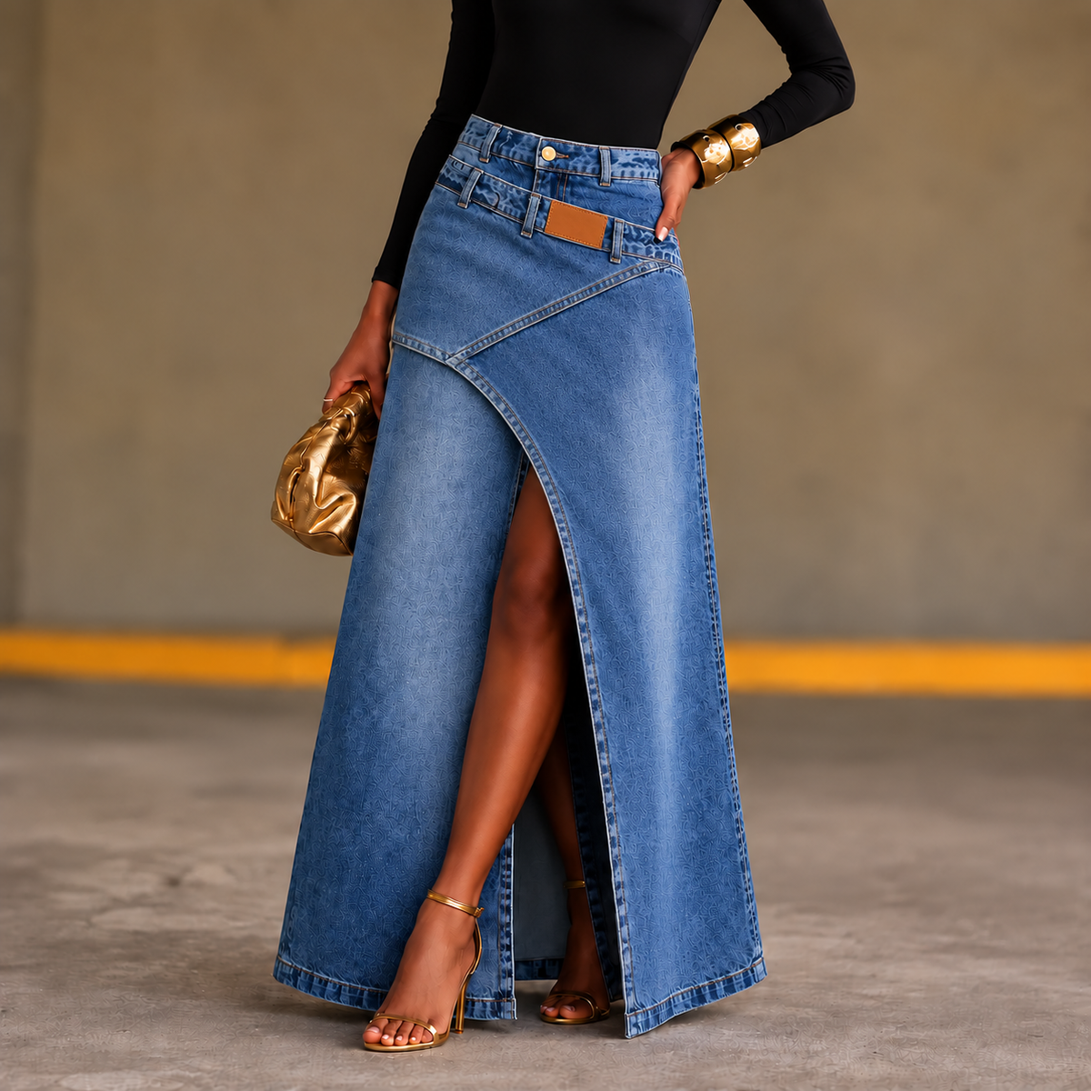Saviera – Asymmetric Layered Denim Maxi Skirt with High Front Slit