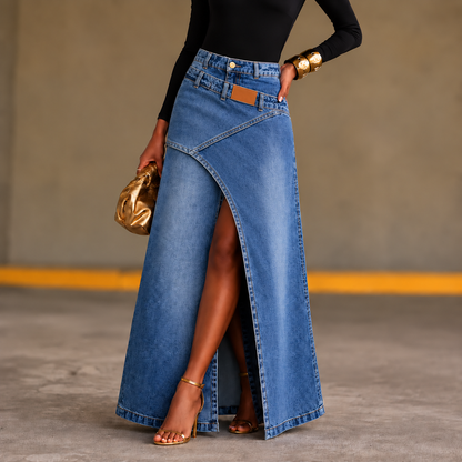 Saviera – Asymmetric Layered Denim Maxi Skirt with High Front Slit