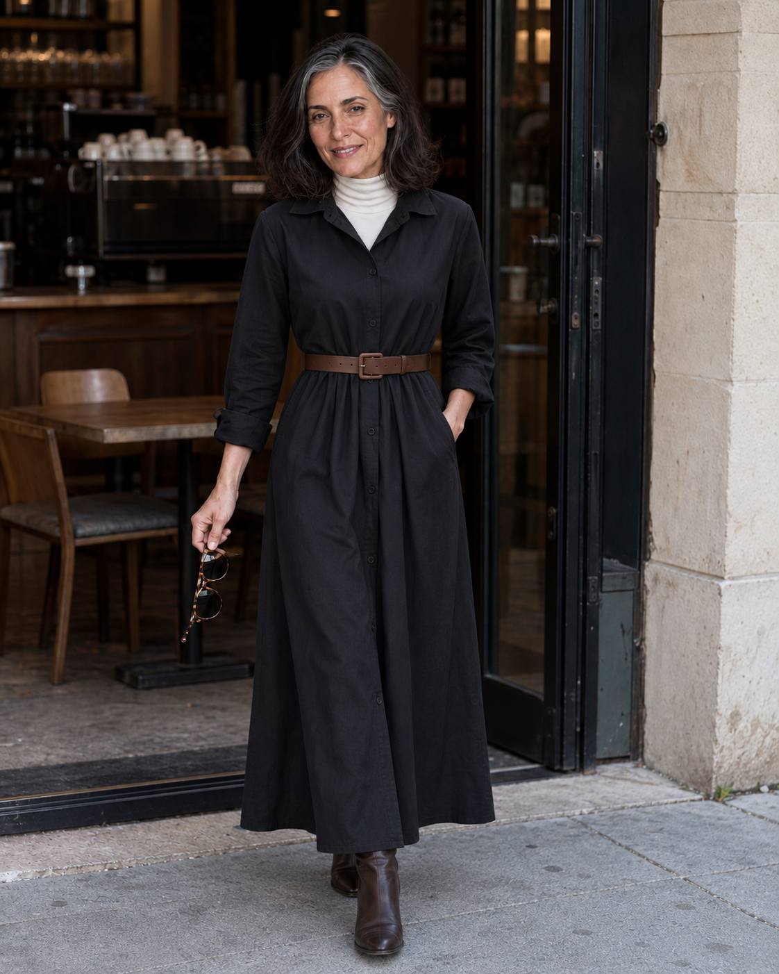 Belveil – Belted Collared Long-Sleeve Maxi Shirt Dress