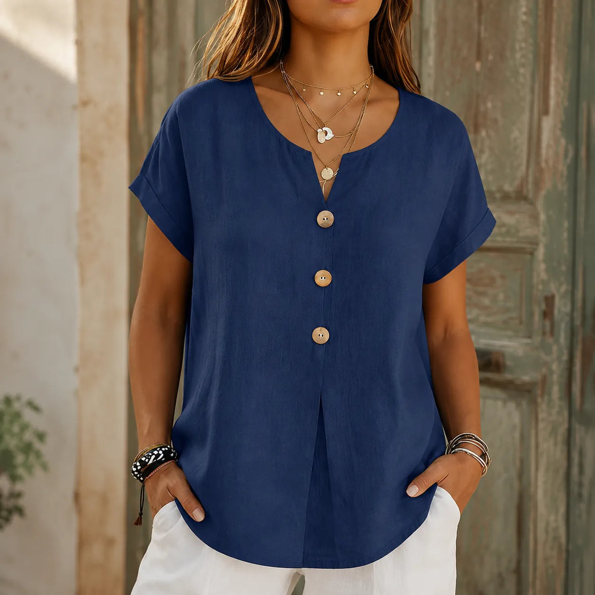 Woodelle – Relaxed V-Neck Blouse with Wood-like Buttons for Women