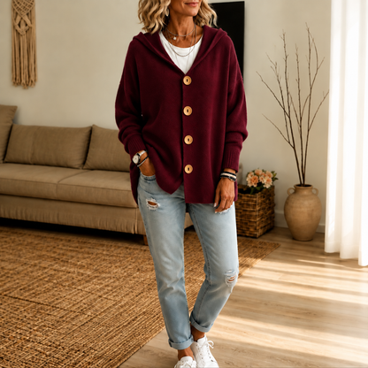 Nestelle – Hooded Waffle-Knit Button-Front Cardigan