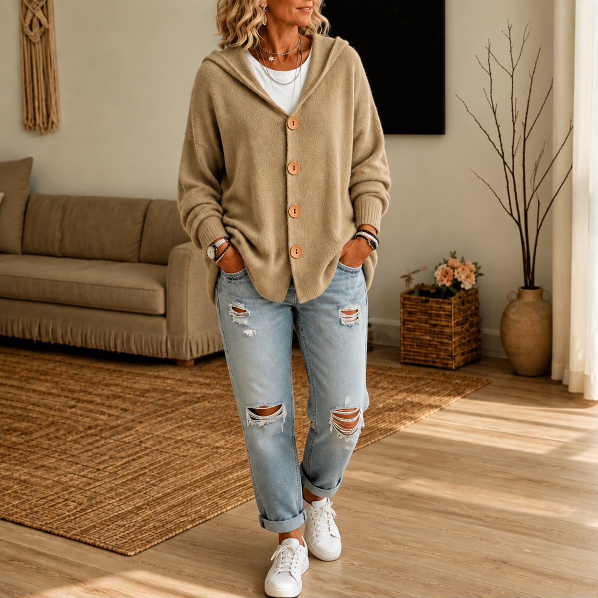 Nestelle – Hooded Waffle-Knit Button-Front Cardigan