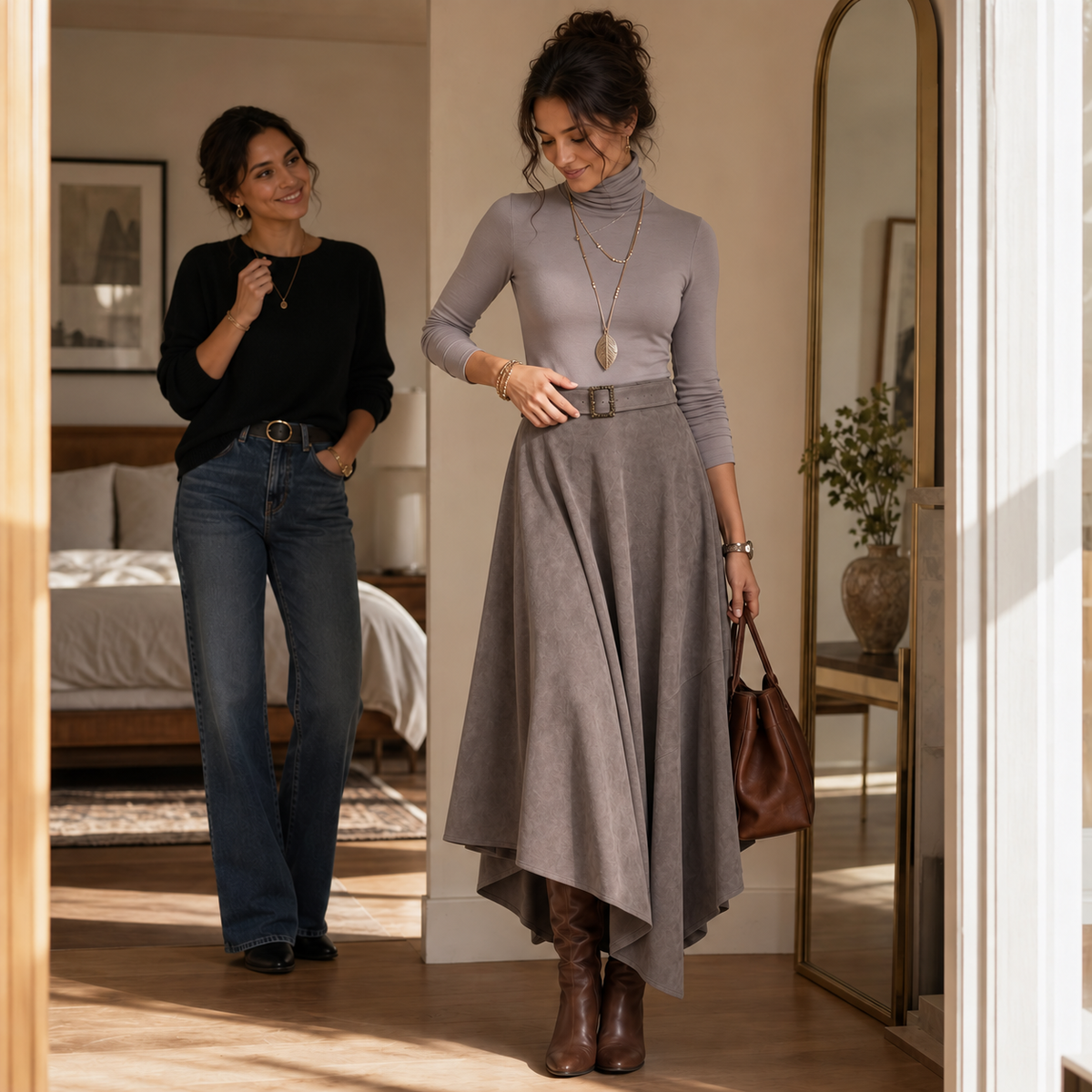 Ambrelle – Asymmetrical Pleated Faux-Suede Skirt Set