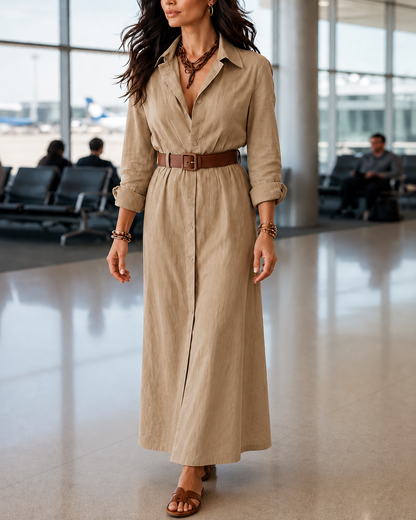 Belveil – Belted Collared Long-Sleeve Maxi Shirt Dress