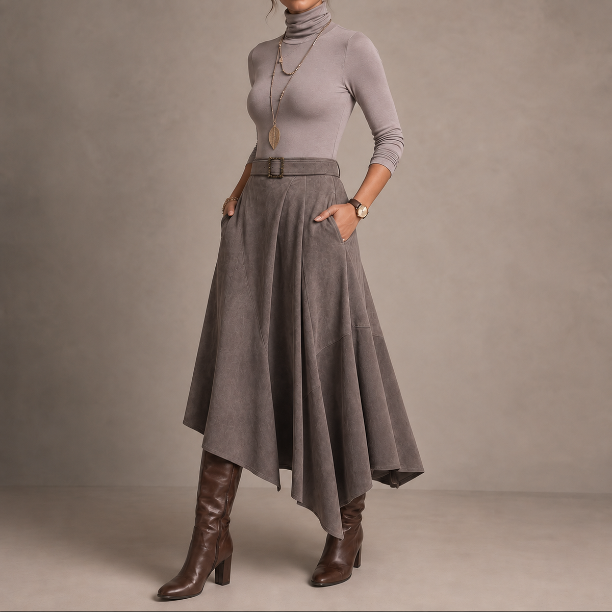Ambrelle – Asymmetrical Pleated Faux-Suede Skirt Set