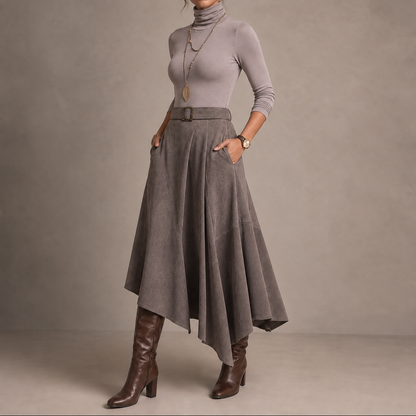 Ambrelle – Asymmetrical Pleated Faux-Suede Skirt Set