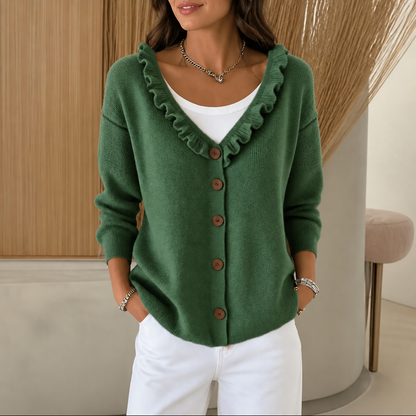 Ruchelle – Ruffle Collar Stretch-Knit Cardigan