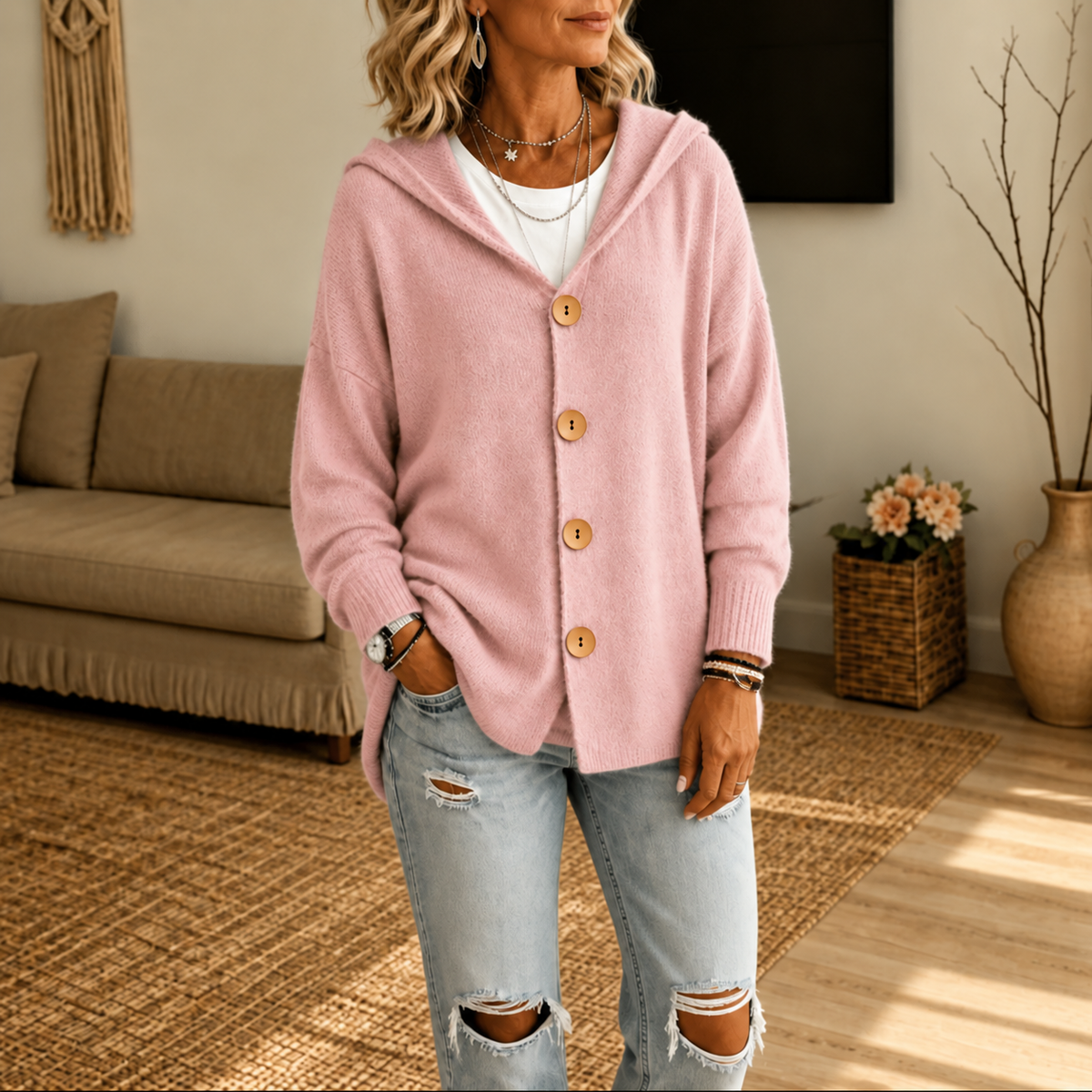 Nestelle – Hooded Waffle-Knit Button-Front Cardigan
