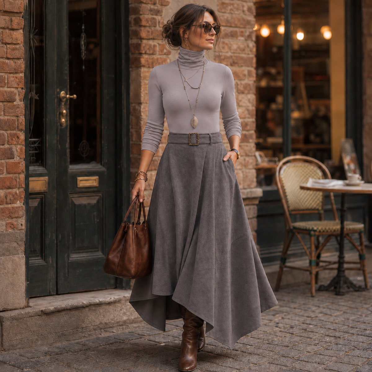Ambrelle – Asymmetrical Pleated Faux-Suede Skirt Set