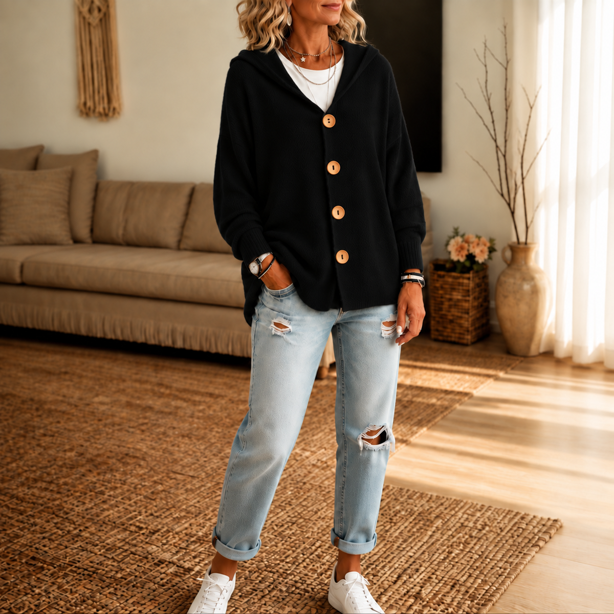 Nestelle – Hooded Waffle-Knit Button-Front Cardigan