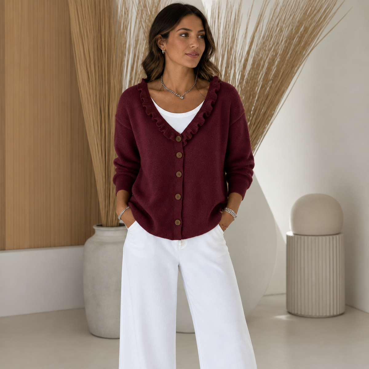 Ruchelle – Ruffle Collar Stretch-Knit Cardigan