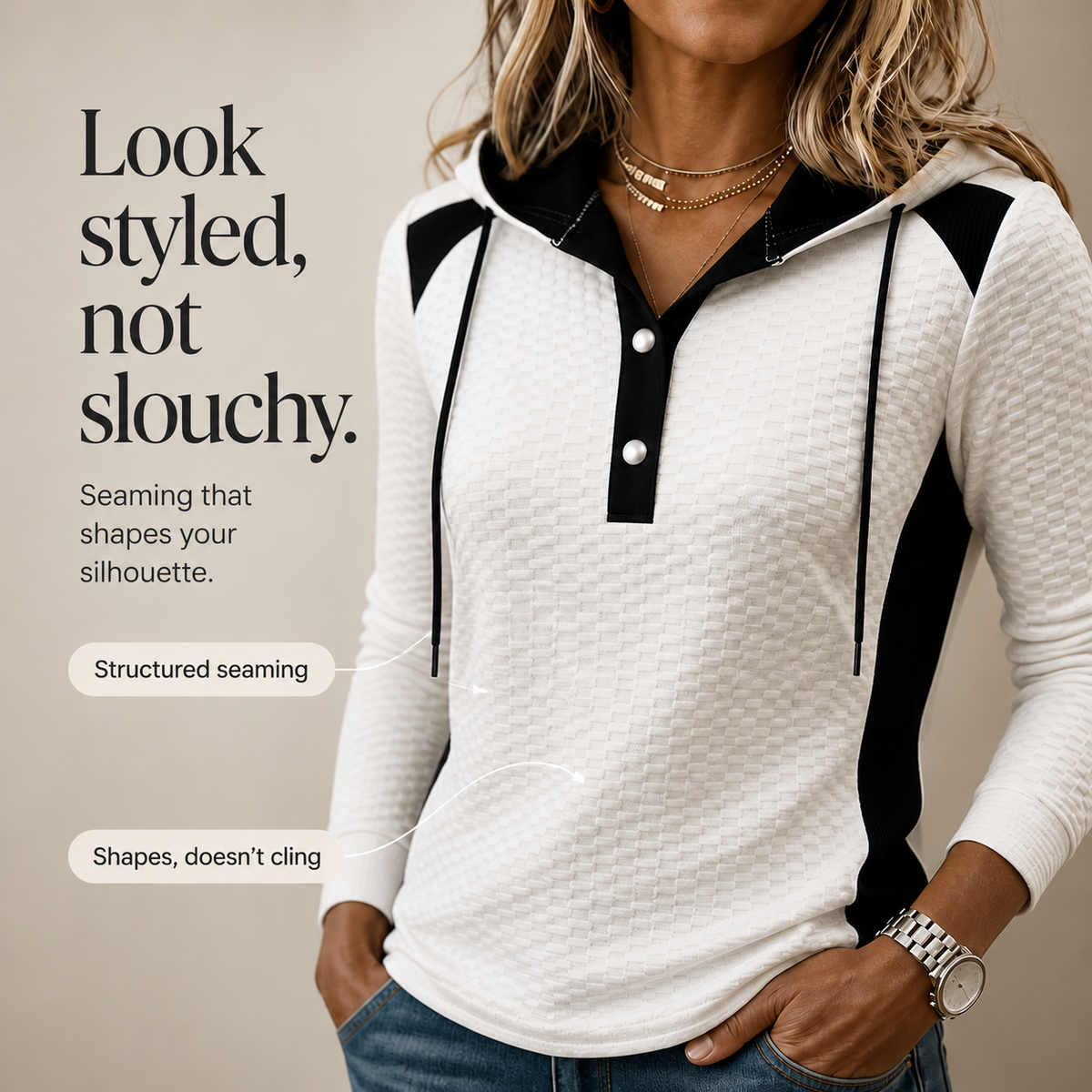 Blockelle – Waffle-Knit Colorblock Button V-Neck Hoodie