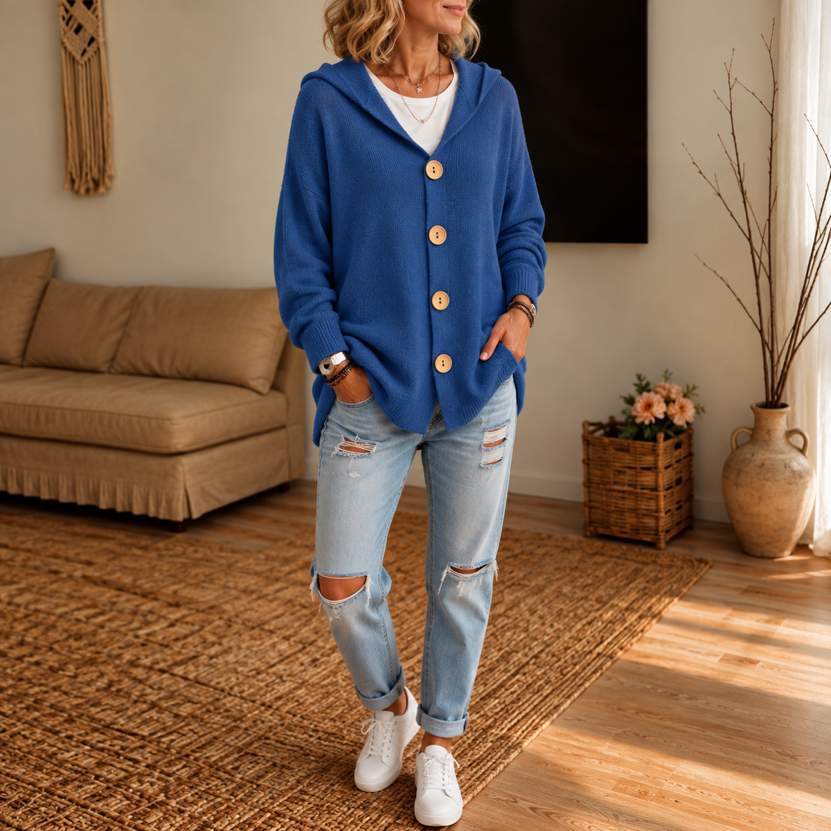 Nestelle – Hooded Waffle-Knit Button-Front Cardigan