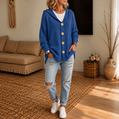 Nestelle – Hooded Waffle-Knit Button-Front Cardigan