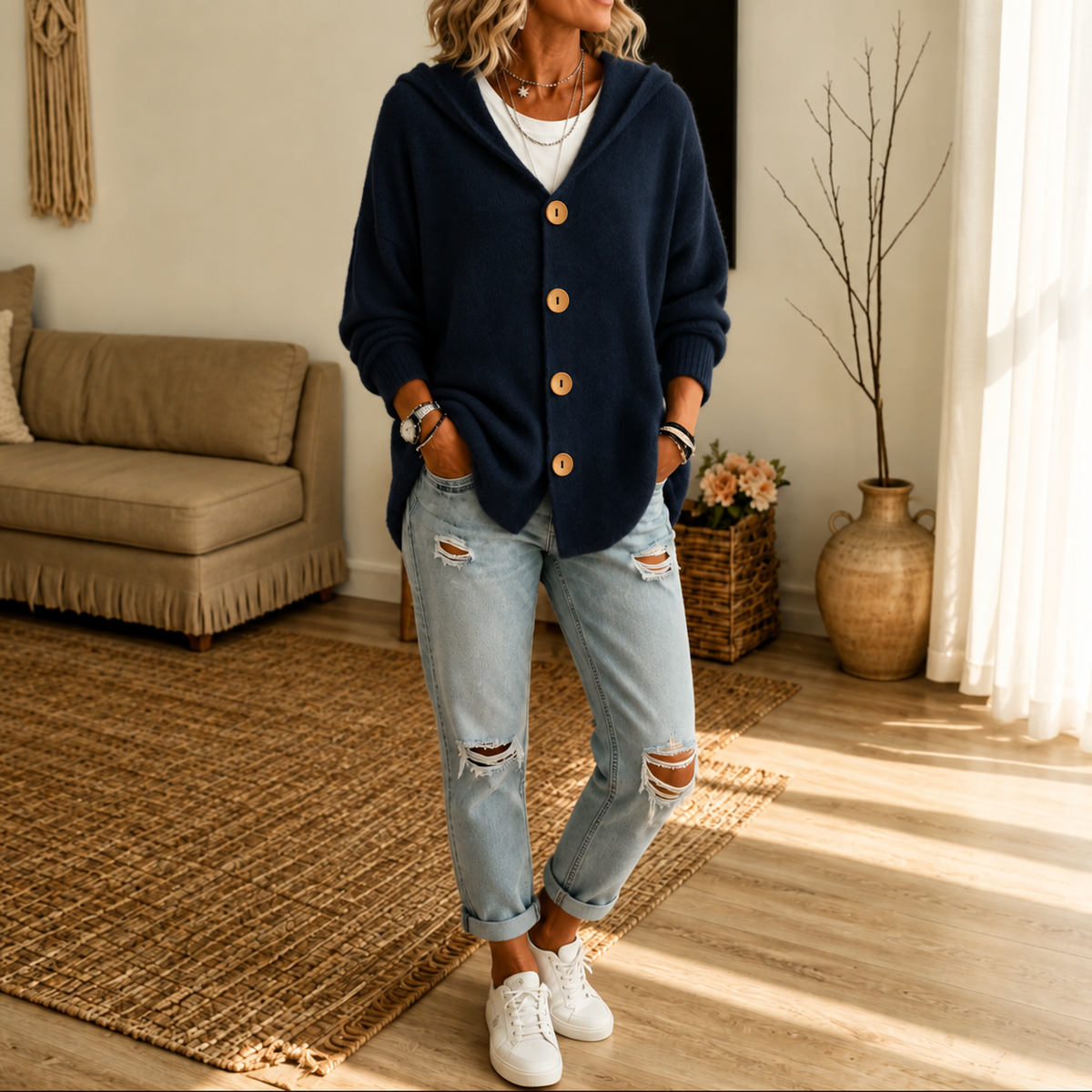 Nestelle – Hooded Waffle-Knit Button-Front Cardigan