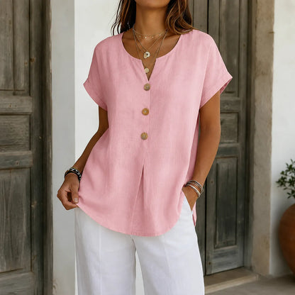 Woodelle – Relaxed V-Neck Blouse with Wood-like Buttons for Women