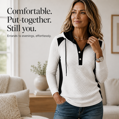 Blockelle – Waffle-Knit Colorblock Button V-Neck Hoodie