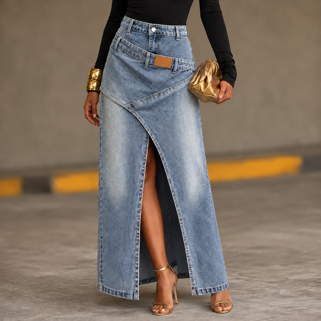 Saviera – Asymmetric Layered Denim Maxi Skirt with High Front Slit