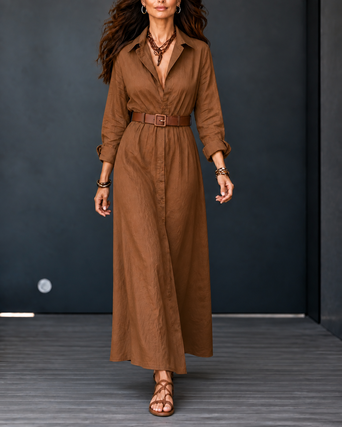 Belveil – Belted Collared Long-Sleeve Maxi Shirt Dress