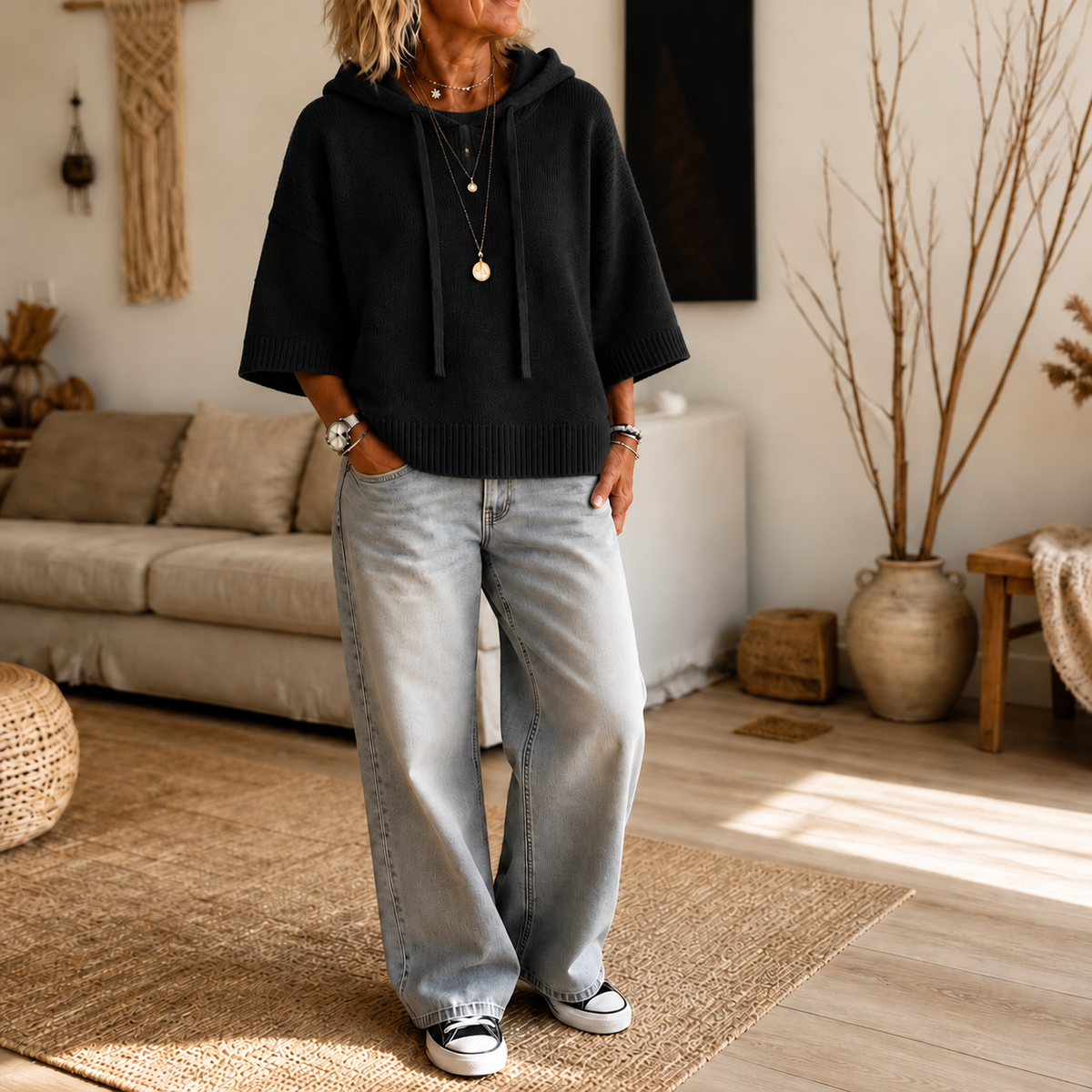 Frayelle – Frayed-Edge Open-Knit Oversized Hoodie