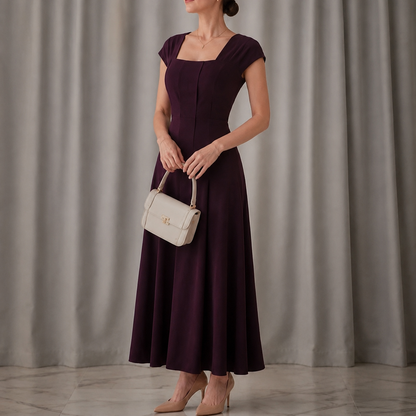 Sculptara – Square Neck A-Line Midi Dress with Sculpted Waist