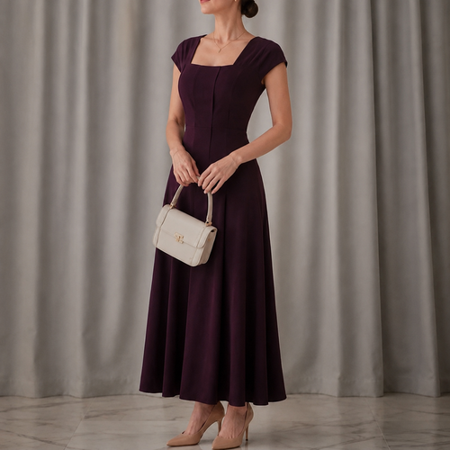 Sculptara – Square Neck A-Line Midi Dress with Sculpted Waist
