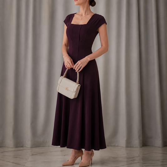 Sculptara – Square Neck A-Line Midi Dress with Sculpted Waist