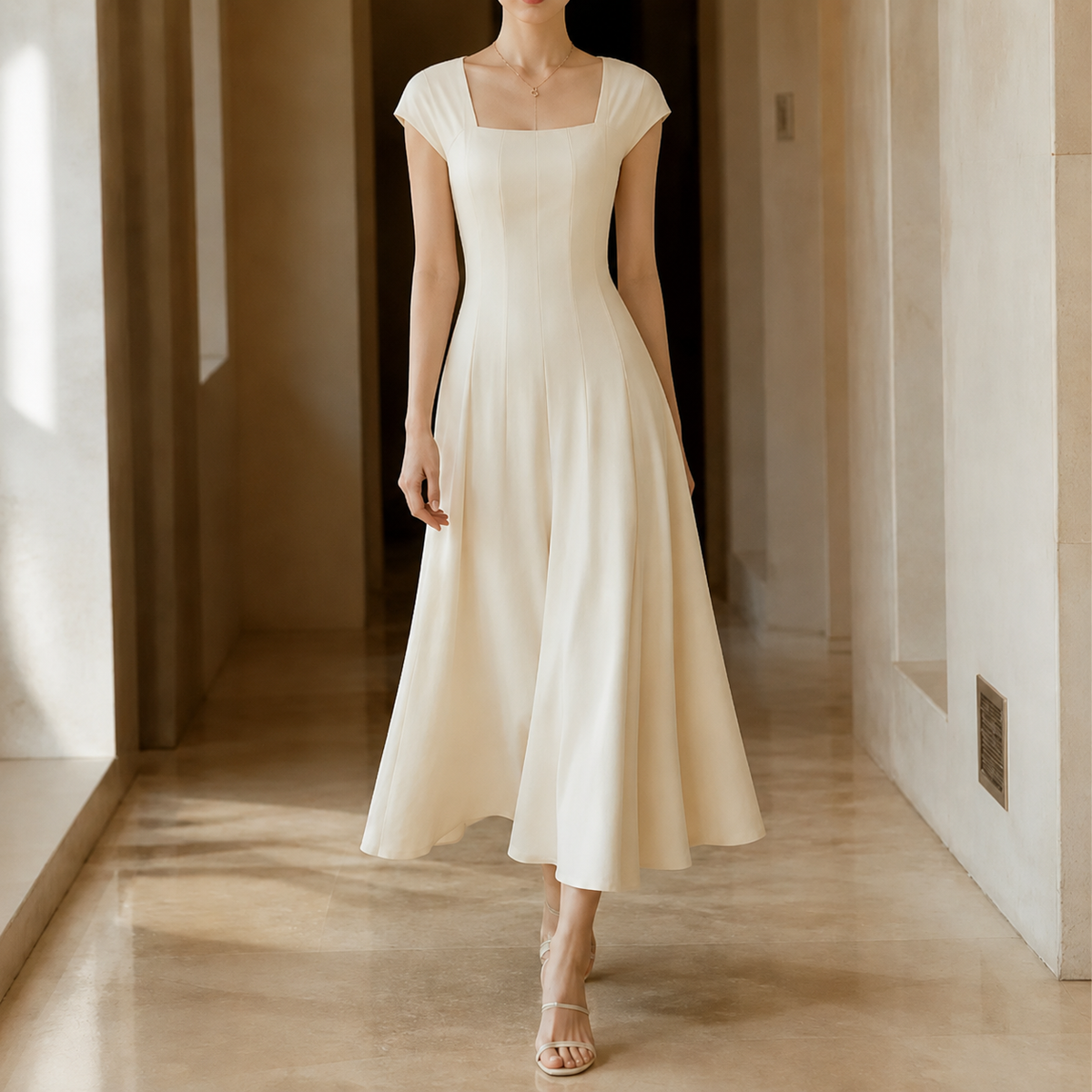 Sculptara – Square Neck A-Line Midi Dress with Sculpted Waist