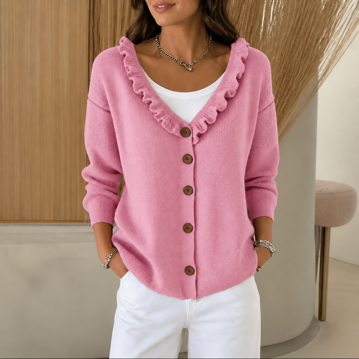 Ruchelle – Ruffle Collar Stretch-Knit Cardigan