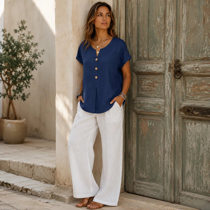 Woodelle – Relaxed V-Neck Blouse with Wood-like Buttons for Women