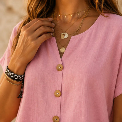 Woodelle – Relaxed V-Neck Blouse with Wood-like Buttons for Women