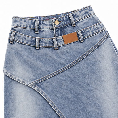 Saviera – Asymmetric Layered Denim Maxi Skirt with High Front Slit