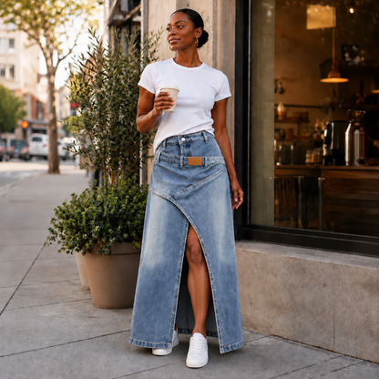 Saviera – Asymmetric Layered Denim Maxi Skirt with High Front Slit
