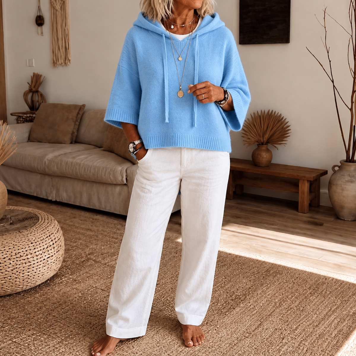 Frayelle – Frayed-Edge Open-Knit Oversized Hoodie