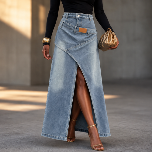 Saviera – Asymmetric Layered Denim Maxi Skirt with High Front Slit