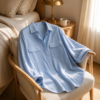 Lapelle – Loose Lapel Button-Down Shirt with Flap Pockets, Wrinkle-Free Long Sleeve Top for Women