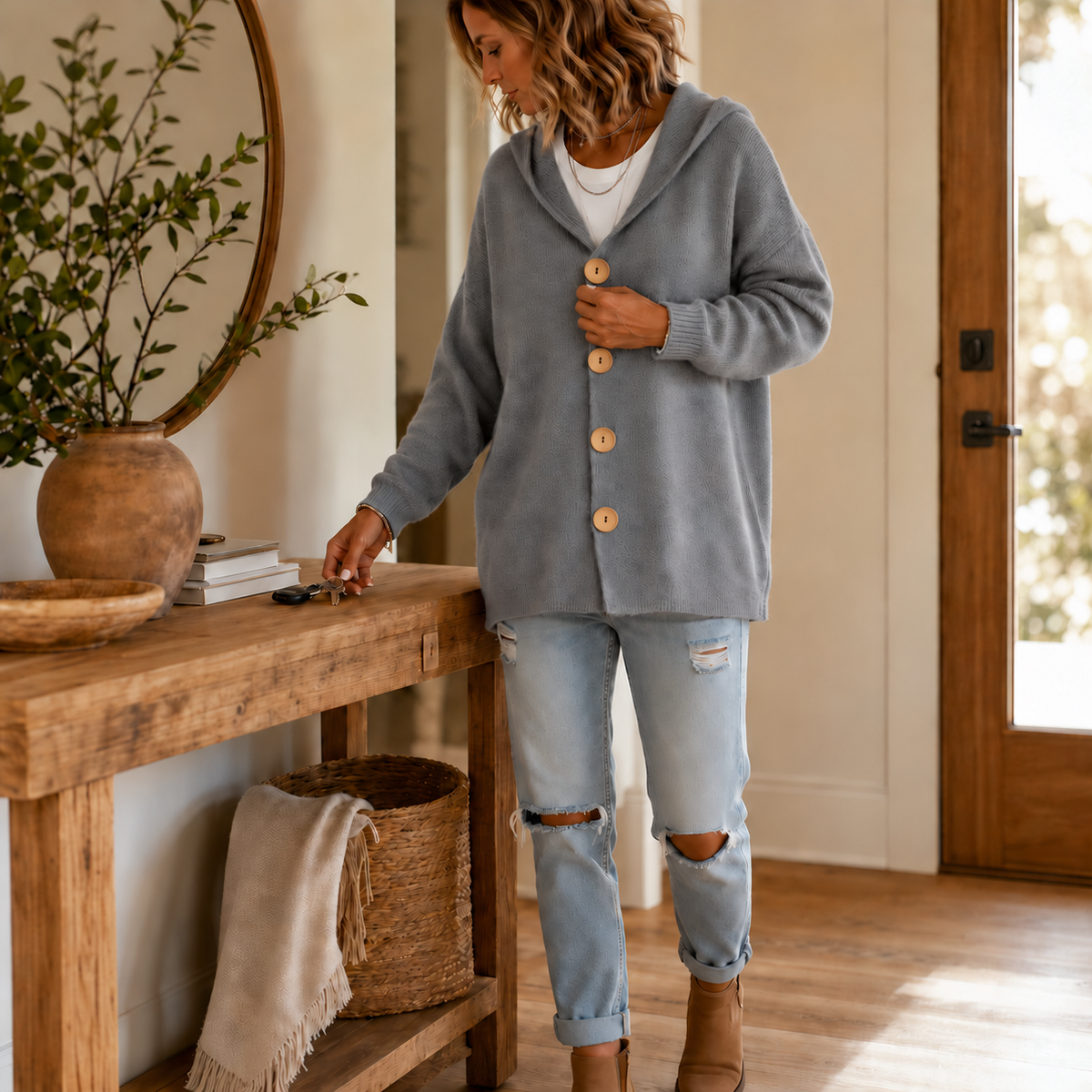 Nestelle – Hooded Waffle-Knit Button-Front Cardigan