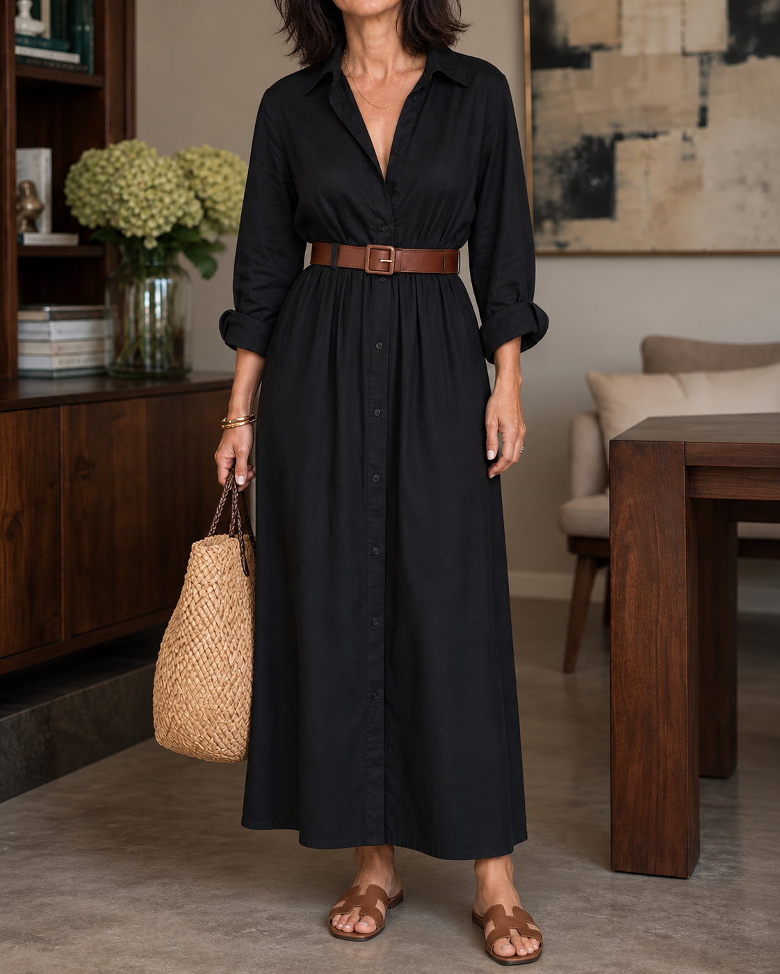 Belveil – Belted Collared Long-Sleeve Maxi Shirt Dress