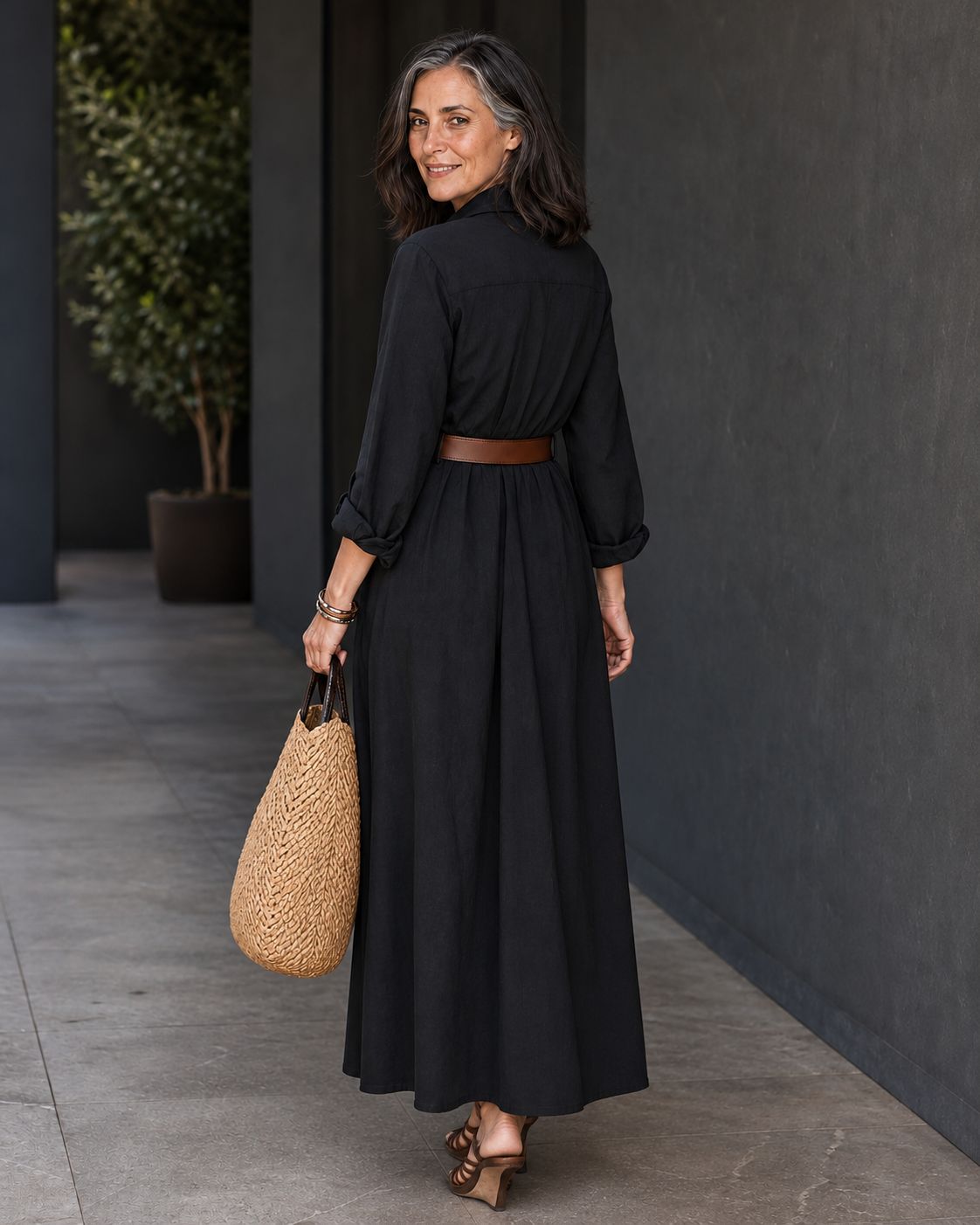 Belveil – Belted Collared Long-Sleeve Maxi Shirt Dress