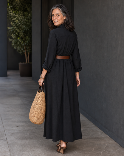 Belveil – Belted Collared Long-Sleeve Maxi Shirt Dress
