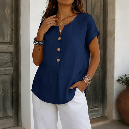 Woodelle – Relaxed V-Neck Blouse with Wood-like Buttons for Women