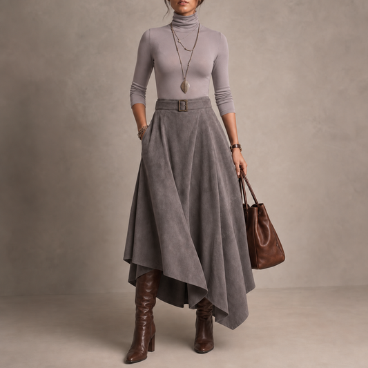 Ambrelle – Asymmetrical Pleated Faux-Suede Skirt Set