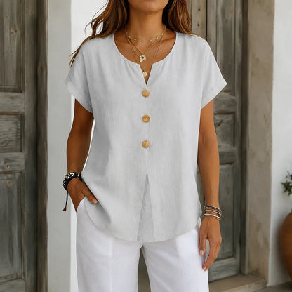 Woodelle – Relaxed V-Neck Blouse with Wood-like Buttons for Women