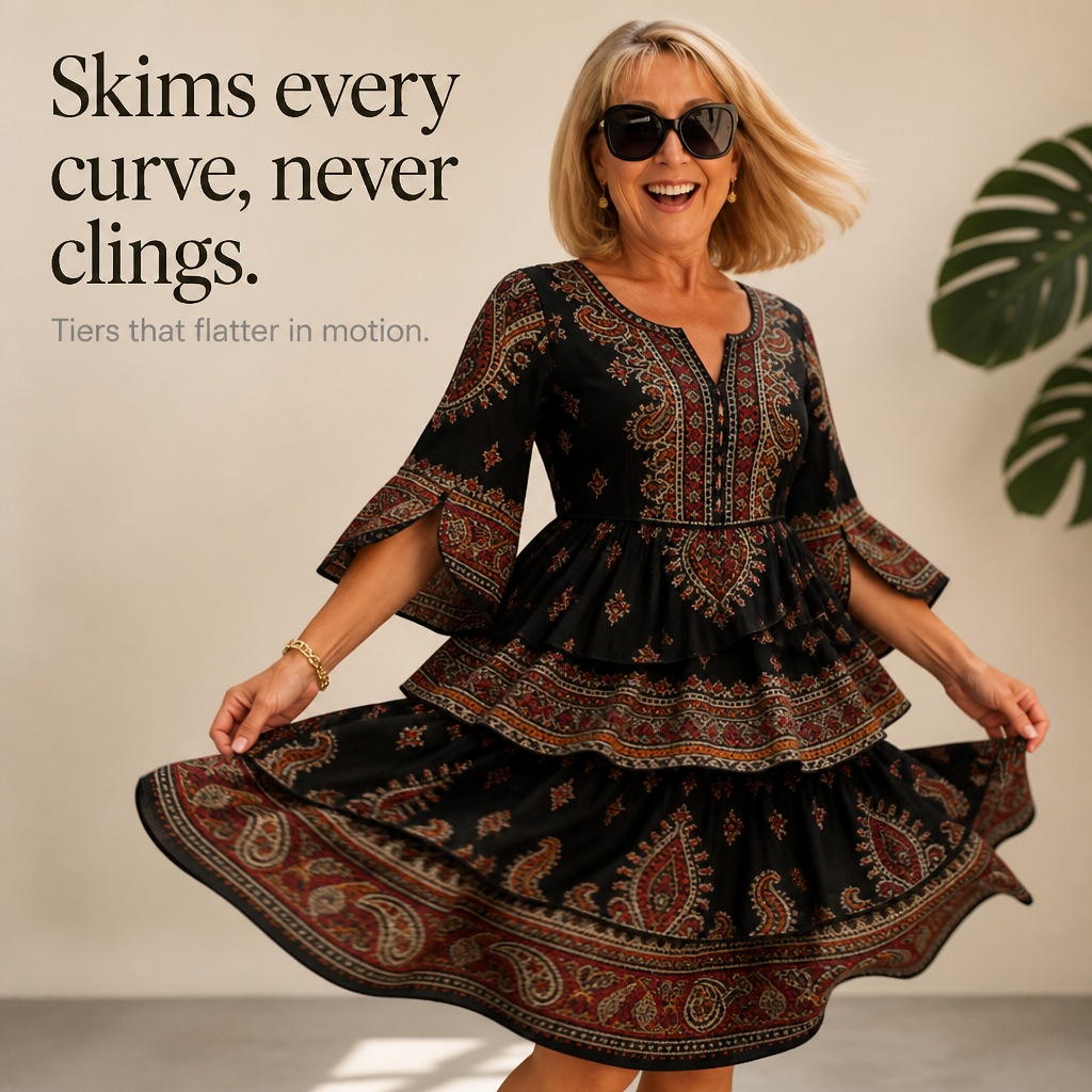 Paisora – Tiered Paisley Print Split-Sleeve Midi Dress