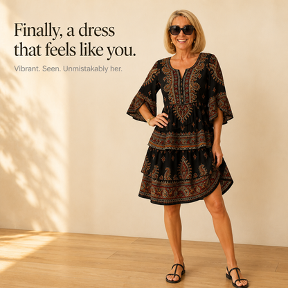 Paisora – Tiered Paisley Print Split-Sleeve Midi Dress