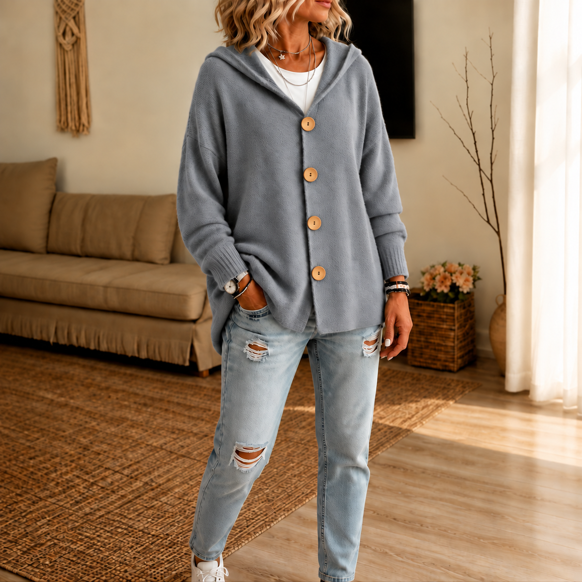 Nestelle – Hooded Waffle-Knit Button-Front Cardigan