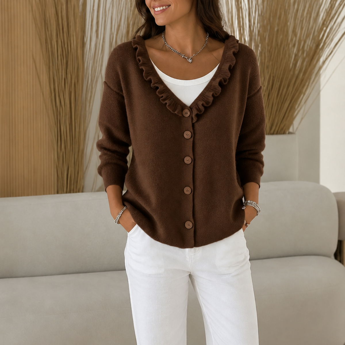 Ruchelle – Ruffle Collar Stretch-Knit Cardigan