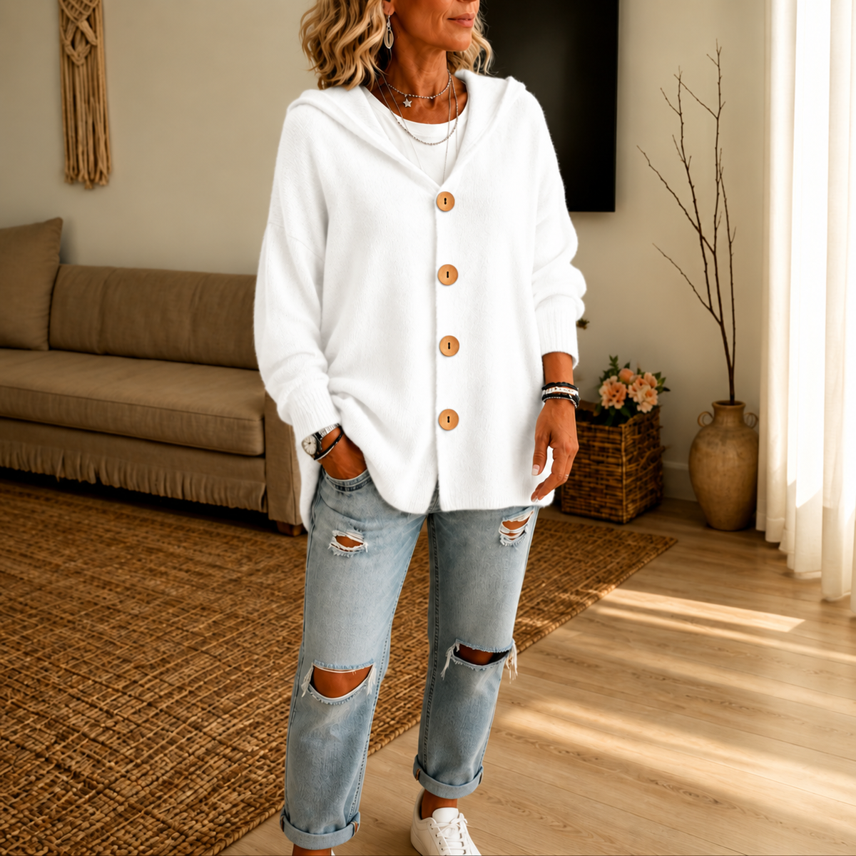 Nestelle – Hooded Waffle-Knit Button-Front Cardigan