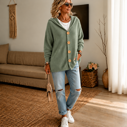 Nestelle – Hooded Waffle-Knit Button-Front Cardigan