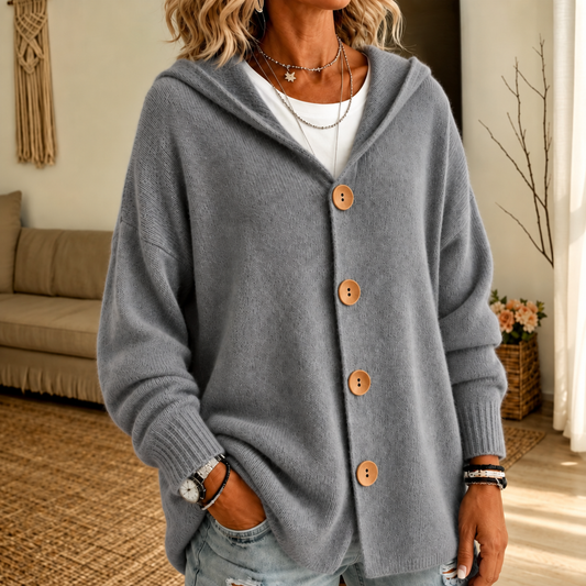 Nestelle – Hooded Waffle-Knit Button-Front Cardigan